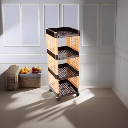 FLYUP Rectangular 4 Layer Multipurpose Shelf Stand Basket Rack Trolley Plastic Kitchen Trolley