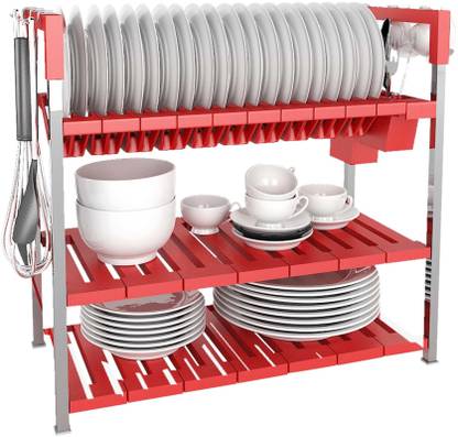 TRENDY Dish Drainer Kitchen Rack Plastic Flair Metal with Plastic Shelf Multifunctional Dish Rack (3 Shelves, Red)