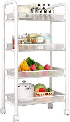 S-B-S Store 4-Tier Kitchen Trolley with Mesh Baskets and Locking Wheels White Iron Kitchen Trolley