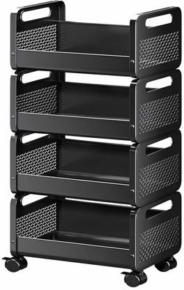 JD FRESH Rolling Metal Utility Cart/Stackable Storage Baskets with Lockable Wheels Iron Kitchen Trolley