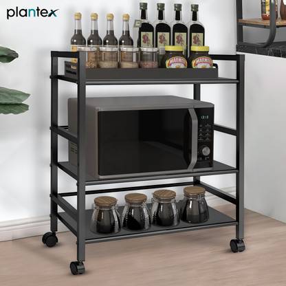 Plantex Premium 3-Shelf Microwave Oven Trolley Stand/Storage Rack/Storage Trolly Rack/Shelf for Home-Office-Kitchen (Black) Iron Kitchen Trolley