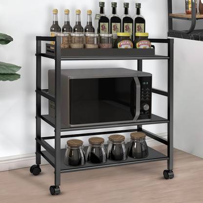IMPULSE Premium 3-Shelf Microwave Oven Trolley Stand/Storage Trolly Rack/Storage Rack/Shelf for Home-Office-Kitchen (Black) Iron Kitchen Trolley