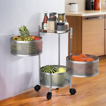 KUBER INDUSTRIES 3-Tier Rotating Multipurpose Storage Rack Trolley with Wheels | Silver Iron Fruit & Vegetable Basket