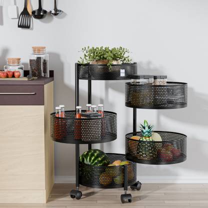 HOMESTIC 4+1 Layer Kitchen Metal Storage Rack with Wheels | Round Shape - Black Iron Kitchen Trolley