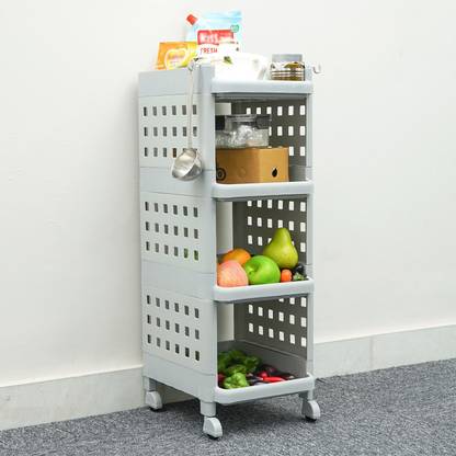 ADA 4 -Tier Rolling Storage Shelf Basket Utility Cart Rack | Storage Organizer Cart Plastic Kitchen Trolley