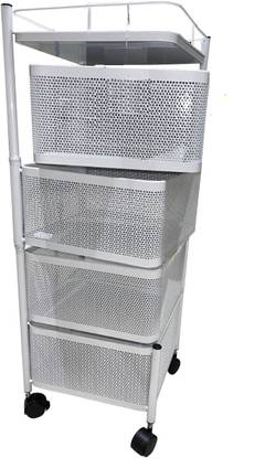 VR White 4 Layer Kitchen Trolley Storage Rack Square Design Fruits & Vegetable Iron Kitchen Trolley