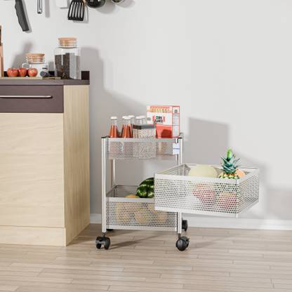 HOMESTIC 2+1 Layer Kitchen Metal Storage Rack with Wheels | Square Shape - Silver Iron Kitchen Trolley