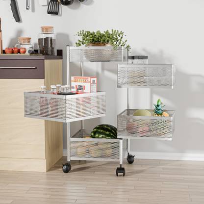 KUBER INDUSTRIES 4+1 Layer Kitchen Metal Storage Rack with Wheels | Square Shape - Silver Iron Kitchen Trolley