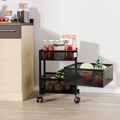HOMESTIC 2+1 Layer Kitchen Metal Storage Rack with Wheels | Square Shape - Black Iron Kitchen Trolley