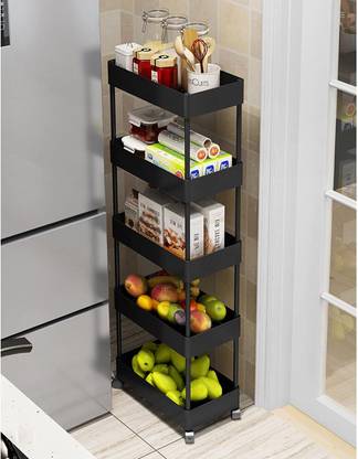 Leaffybezz 5 Layer Black Kitchen Trolley Rack with Wheels(Fruit & Vegetable Storage Basket) Plastic Kitchen Trolley