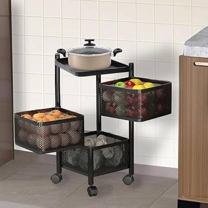 Finner 3 Layer Square Multipurpose Storage Trolley with Wheels Vegetable Kitchen Rack Iron Kitchen Trolley