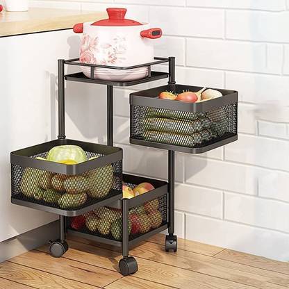 TROLITE Kitchen Rack, Square Rotating 3 Layer Kitchen Trolly, stand for kitchen Carbon Steel Kitchen Trolley