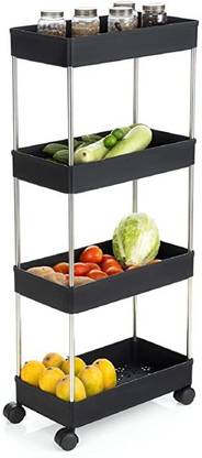 DM PLUS Plastic-Stainless Steel Fruit & Vegetable 4 Stand Kitchen Trolley | Fruit Basket Plastic, Stainless Steel Kitchen Trolley