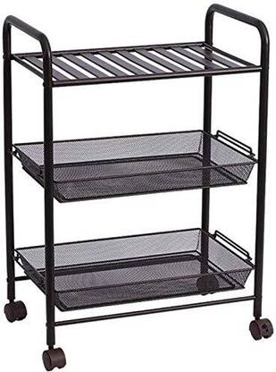 Indian Decor 45793 multi-function shelving 3 tier mesh serving kitchen rolling metal Iron Kitchen Trolley