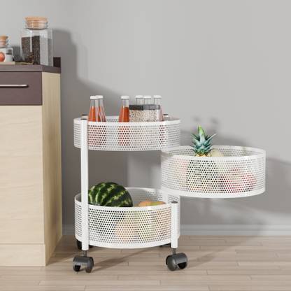 KUBER INDUSTRIES 2+1 Layer Kitchen Metal Storage Rack with Wheels | Round Shape - White Iron Kitchen Trolley