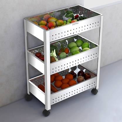 Plantex Stainless Steel 3-Tier Vegetable Basket for Kitchen/Onion Garlic Stand/Vegetable Storage Stand-Trolley for Kitchen(Round Profile-Silver) Stainless Steel Kitchen Trolley