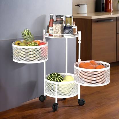 KUBER INDUSTRIES 3-Tier Rotating Multipurpose Storage Rack Trolley with Wheels | White Iron Fruit & Vegetable Basket