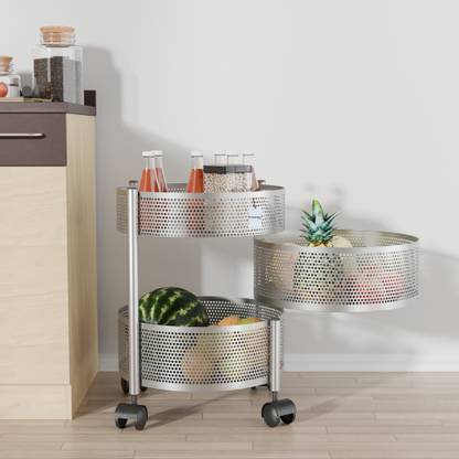 HOMESTIC 2+1 Layer Kitchen Metal Storage Rack with Wheels | Round Shape - Silver Iron Kitchen Trolley