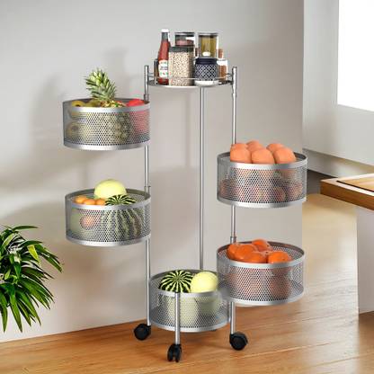 KUBER INDUSTRIES Fruits/Vegetables Kitchen Rack Iron 5-Tier Rotating Multipurpose Storage Rack Trolley with Wheels | Silver