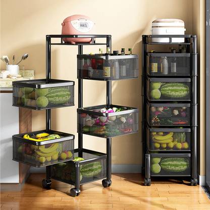 iBELL TS595 Kitchen Rack 5 Tier Rotating Stand, Basket Organizer, Portable Storage, Carbon Steel Kitchen Trolley