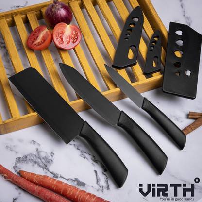 VIRTH Set of 3 Black Stainless Steel Kitchen Knife Set | High-Carbon Stainless Set Knife