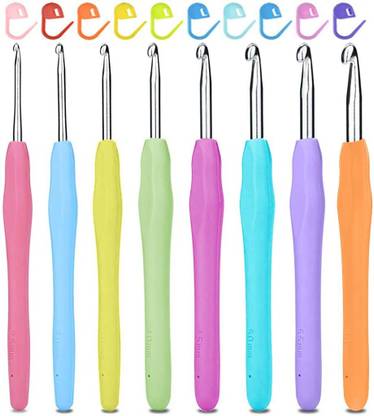 HASTHIP 8pcs Crochet Hooks Set Aluminium Soft Grip Rubber Handle Needles with Knitting Knitting Pin