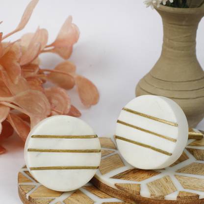 peelorange Modern Handcrafted Round White Marble Stone With 3 Brass Line || Brass Cabinet/Drawer Handle