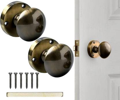 Screwtight 2.3 In. Flipkart Basic Round Door Knob Lock, Antique Brass, 1 Pair Door Knob Brass Door Handle