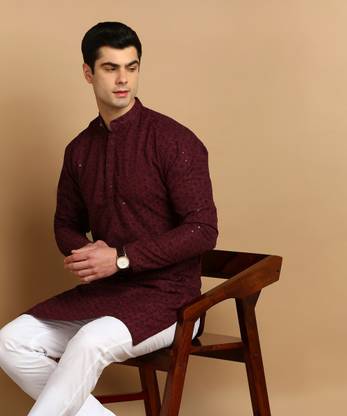 FUBAR Men Chikan Embroidery Straight Kurta