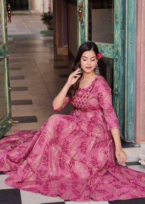 CHARVI CREATION Women Fit and Flare Pink, Beige Maxi/Full Length Dress