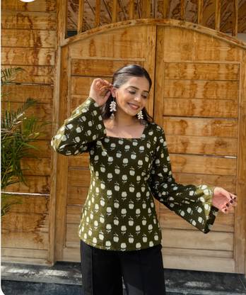 hibiki Casual Floral Print Women Green Top