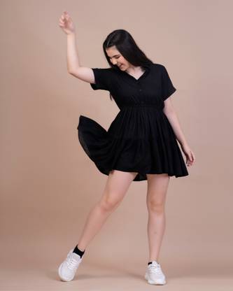 PURSHOTTAM WALA Women Pleated Black Above Knee/Mid Thigh Length Dress