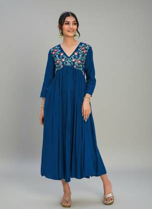 irtiqa Women Gathered Blue Ankle Length Dress