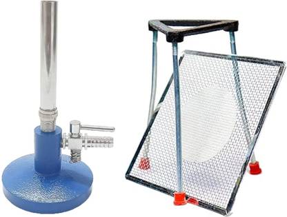 polylab Brass Pipe, Tripod Stand, Wire Gauge, Heat Apparatus Set with Stopcock Laboratory Bunsen Burner