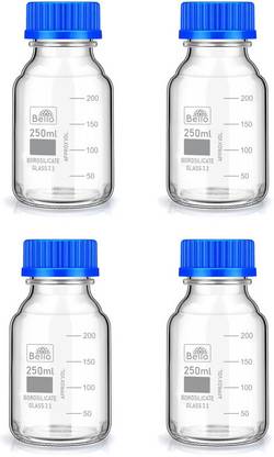 Bello Borosilicate Glass reagent bottle 250ml with leak proof Blue Screw Cap pack of 4 Laboratory Dropper Bottle