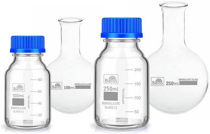 Bello Borosilicate Glass Reagent Bottle 100ml, 250ml & Round RB flask 100ml, 250ml Laboratory Dropper Bottle