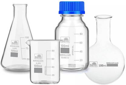 Bello Borosilicate Reagent Bottle 100ml, Beaker 100ml, Conical 100ml & RBB Flask 100ml Laboratory Dropper Bottle