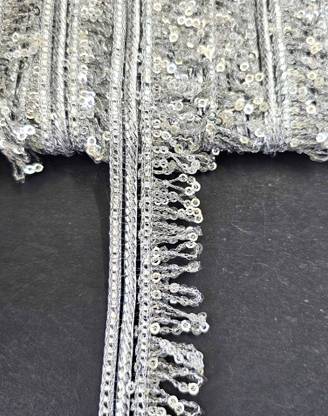 Mezin (Silver) RIMZIM Sequence Tassel Lace Bridal Dupatta Lehenga, Saree Border (Silver-9 Mtr) Lace Reel