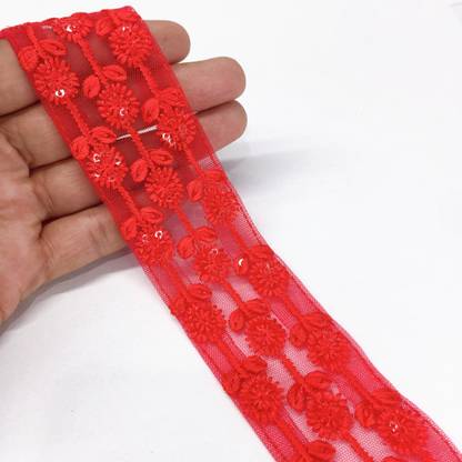 Lami red flower creeper design sequins work embroidery border Lace for Saree Border, Dress, Bridal Lahenga, Dupatta Decoration Ribbon Lace Reel