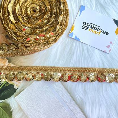 uniquemart Fancy Round Shiny Mirror Golden Border Lace for Fancy Dresses Golden Lace, Golden Lace Border, Blouse Lace Golden, Golden Laces (Golden/9Mtr) Lace Reel
