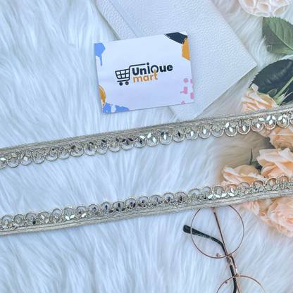 uniquemart Light Golden Mirror Work Lace, Golden Mirror Lace, Golden Mirror Lace Border for Saree, Suit, Blouse Lace, Blouse Lace Design, Lehenga Lace (Gold/18Mtr) Lace Reel