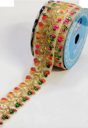 R N Creation "Laces Borders Multi-Color Thread and Gold Zari Work Lace Border Roll - Idea for Saree,Dupatta, Blouse, Choli, and Anarkali" - 9 Meter Length"5.08 cm width Lace Reel