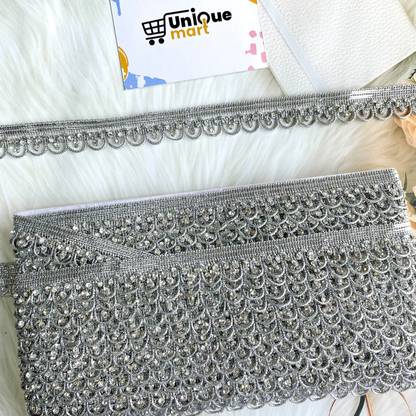 uniquemart Beautiful Silver Jarkan Stone Lace For Suit, Saree, Frowk, Silver Lace Border, Silver Stone Lace, Silver Colour Lace (Silver/18Mtr) Lace Reel