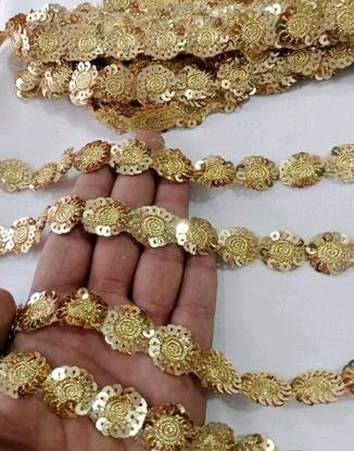 Lacesnmore Golden sequence flower buti patch lace 9meter Golden lace border , sequence flower Lace Reel