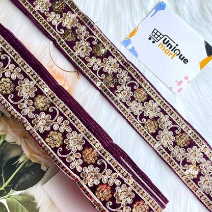 uniquemart Beautiful Wine Golden Velvet Lace Border For All Type Fancy Dresses Wine Lace Border, Velvet Lace Border, Velvet Lace Design (DeepWine/9Mtr) Lace Reel