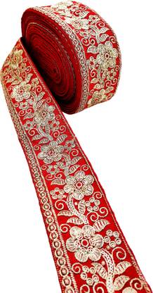 FRIJVEN Embroidery Gold Work with Sequence Design Lace Border Falls for Kurti, Saree, Dresses, Bandhani, Lehenga, Decorative Ribbon (6.5 cm Width) (9 Meter, Red) Lace Reel