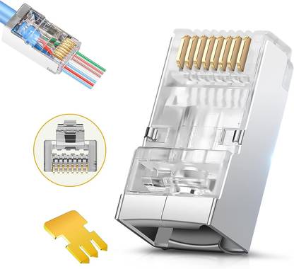 VOOCME RJ45 Cat6 Cat 6A Connectors - Pass Through Connector Gold Plated Wireless Ethernet Lan Adapter compatible with Windows, Mac