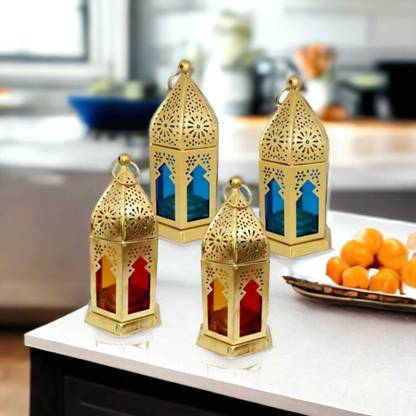 BLUE WELL OVERSEAS Decorative Moksha Hanging Lantern/Lamp with t-Light Candle, gold Iron Hanging Gold Iron Hanging Lantern