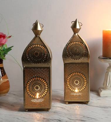 IMRAB CREATIONS Decorative Metal Hanging Lantern/Lamp/Tealight Candle Holder Gold Metal Hanging Lantern