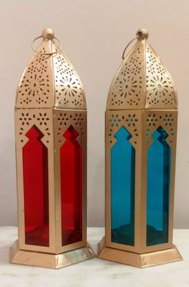 SHAH Decorative Lantern Moroccan Style, Large Size, Pack of 2 Multicolor Metal Table Lantern